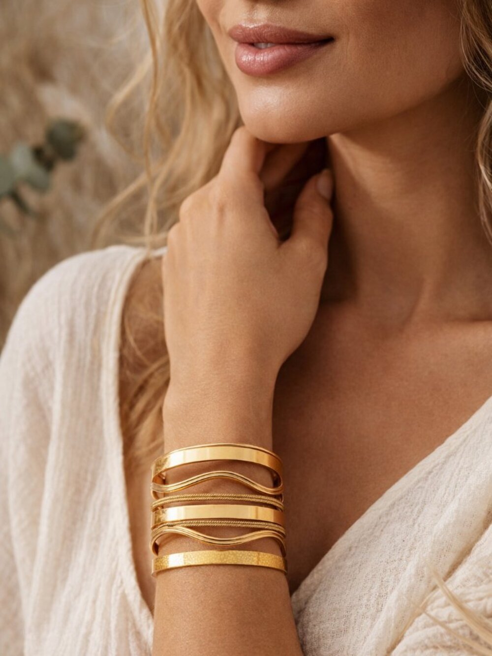 18K Gold Plated Wide Cuff Bracelet Textured Multi Band Statement Bangle Gift